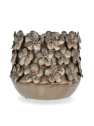 Dekorativ blomkruka med blommor i brun/beige keramik Ø 17 cm