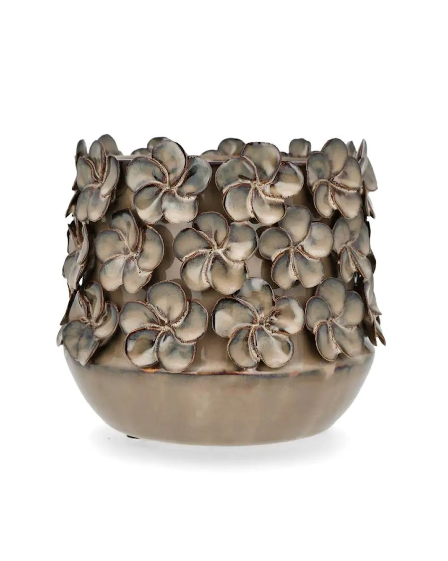 Dekorativ blomkruka med blommor i brun/beige keramik Ø 17 cm - bild 1