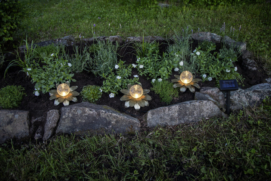 Solcellslykta näckrosor – tre guldfärgade blommor med LED - bild 4