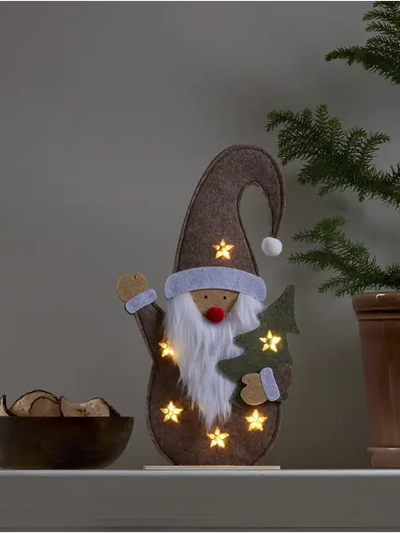 Vinkande tomte i filt – LED-ljus och timer, 30 cm