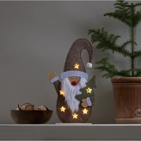 Vinkande tomte i filt – LED-ljus och timer, 30 cm - bild 1