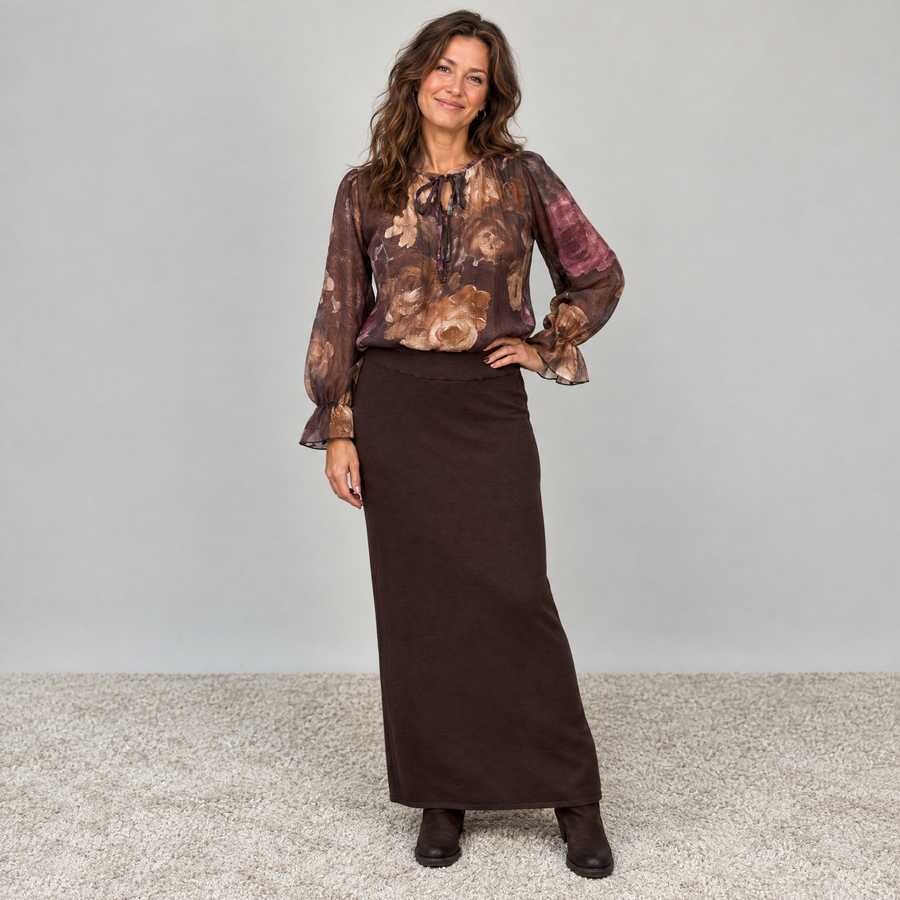 Brun V-ringad blus i Tencel med knytning - bild 1