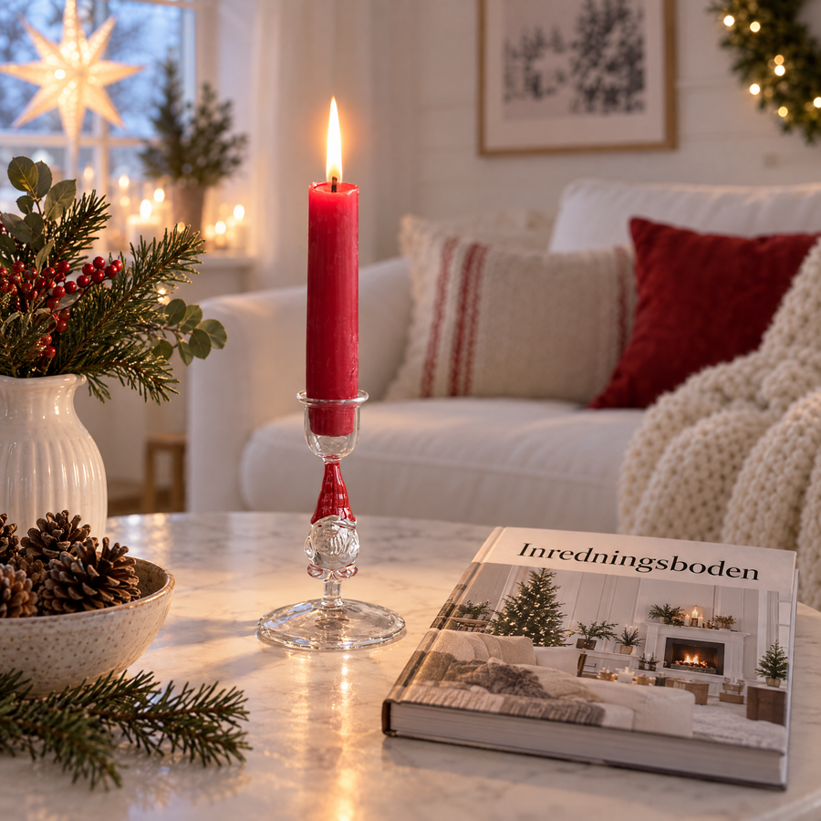 Glasljusstake med tomte – röd juldekoration, 12 cm - bild 1