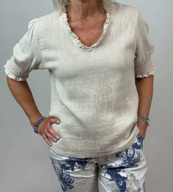 Bomullstopp med puffärm - beige - bild 2