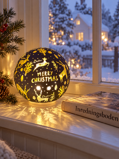 Glasklot med LED och julmotiv – vit utsida och guldfärgad insida, 12 cm