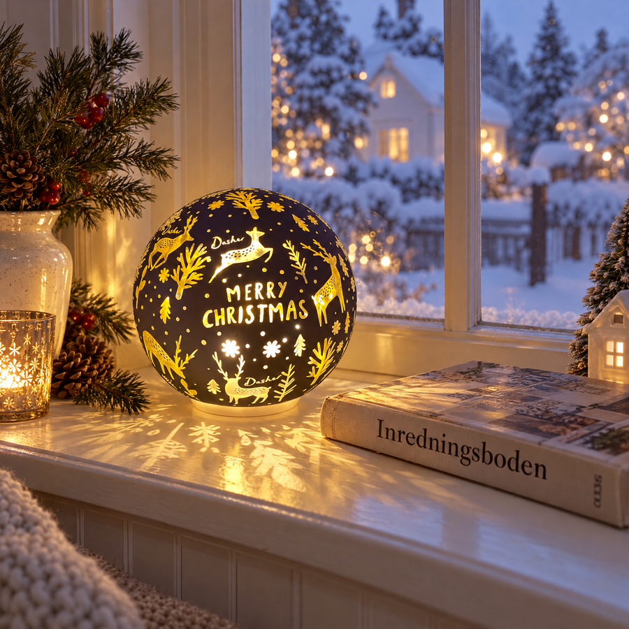 Glasklot med LED och julmotiv – vit utsida och guldfärgad insida, 12 cm - bild 1