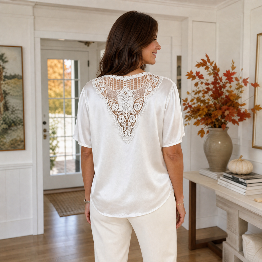 Broderad viskosblus – beige, onesize - bild 2