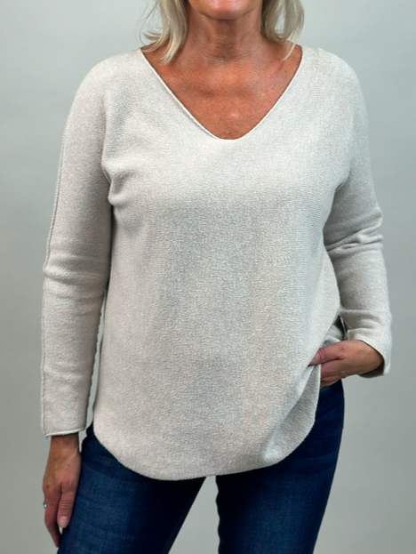 Finstickad tröja med v-hals, Beige