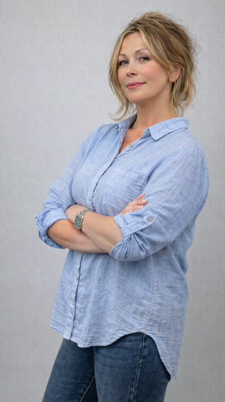 Blus med linnelook - ljusblå - bild 2