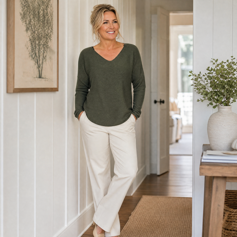 Finstickad tröja i skogsgrön – mjuk onesize i viskos och cashmere - bild 1