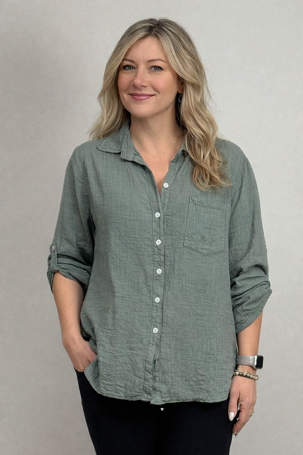 Blus med linnelook - army